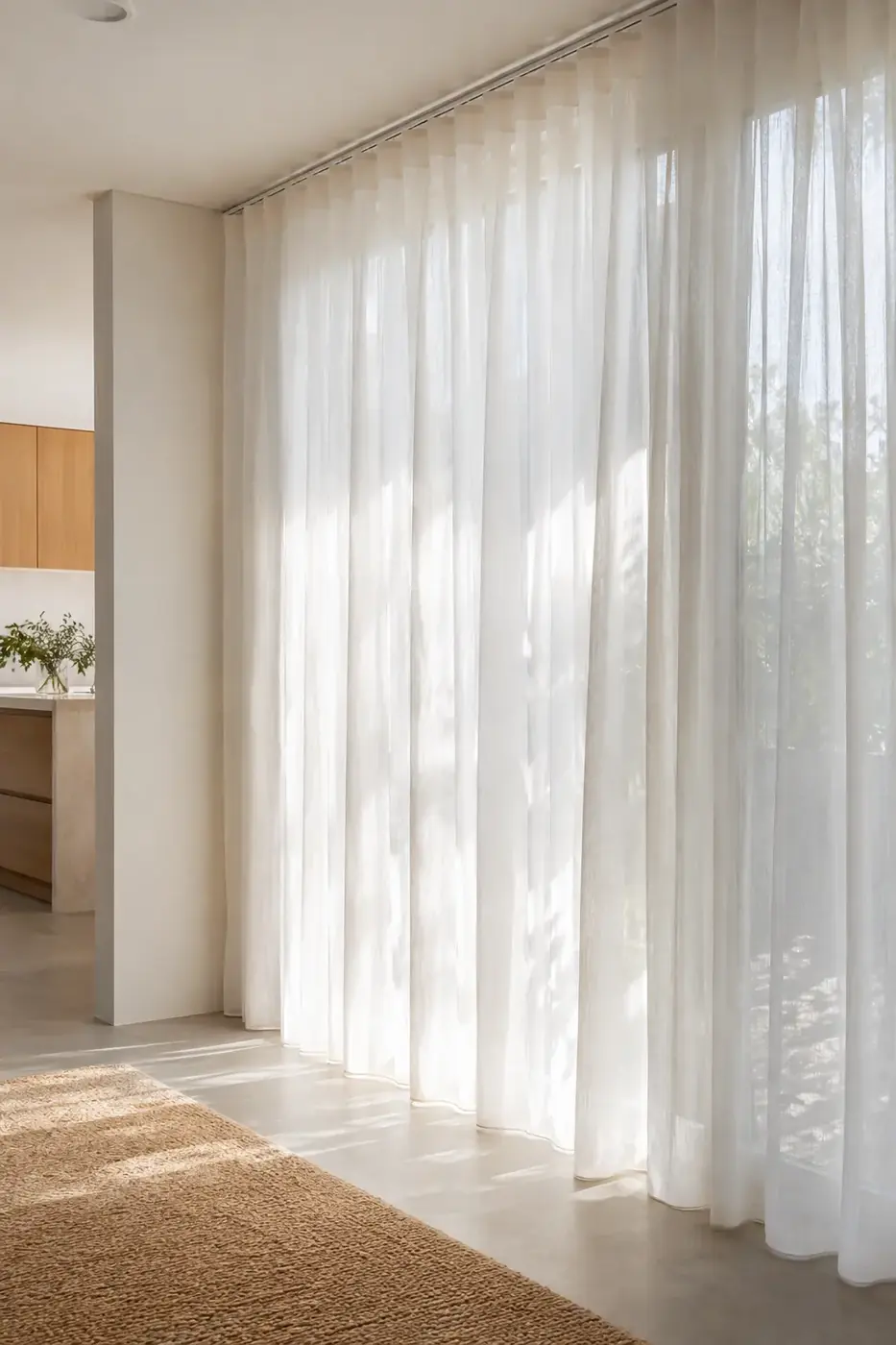 Sheer curtains on a floor to ceiling window