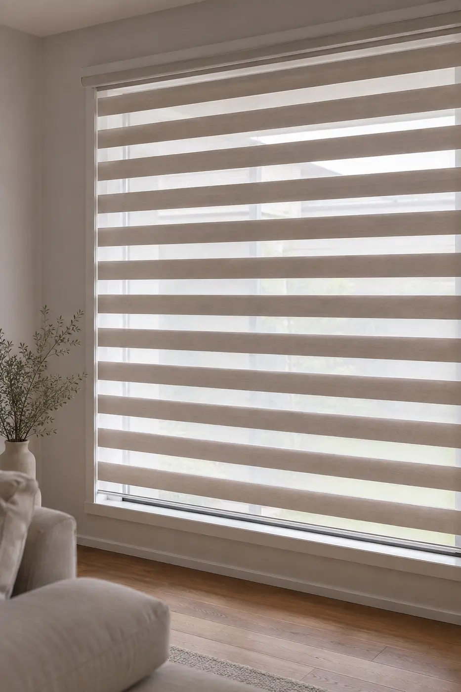 Zebra blinds on a wide lounge room window
