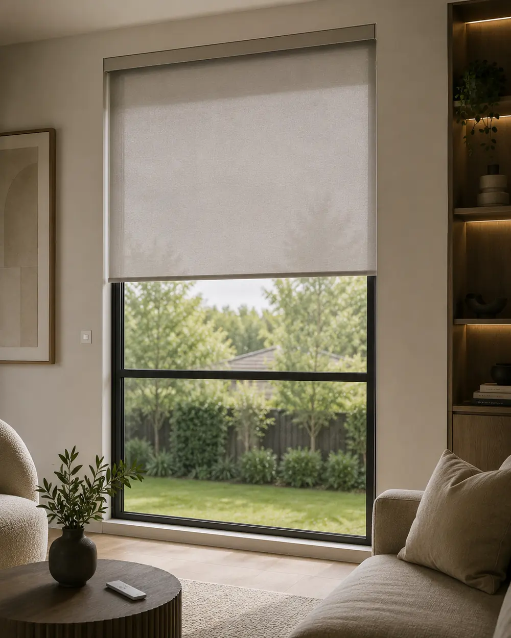 Motorised roller blind in a lounge room