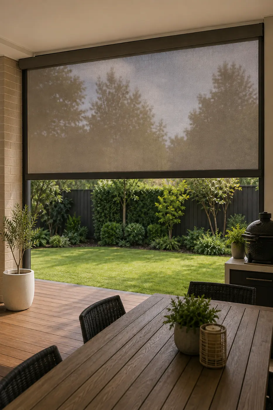 Outdoor blind on an alfresco patio