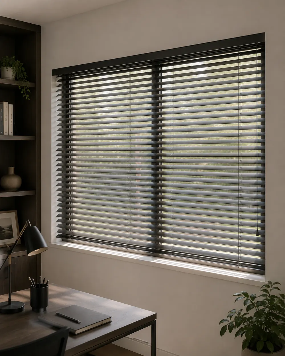 Black venetian blinds in a home office