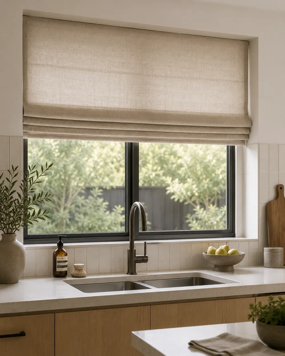 Linen roman blind above a kitchen sink